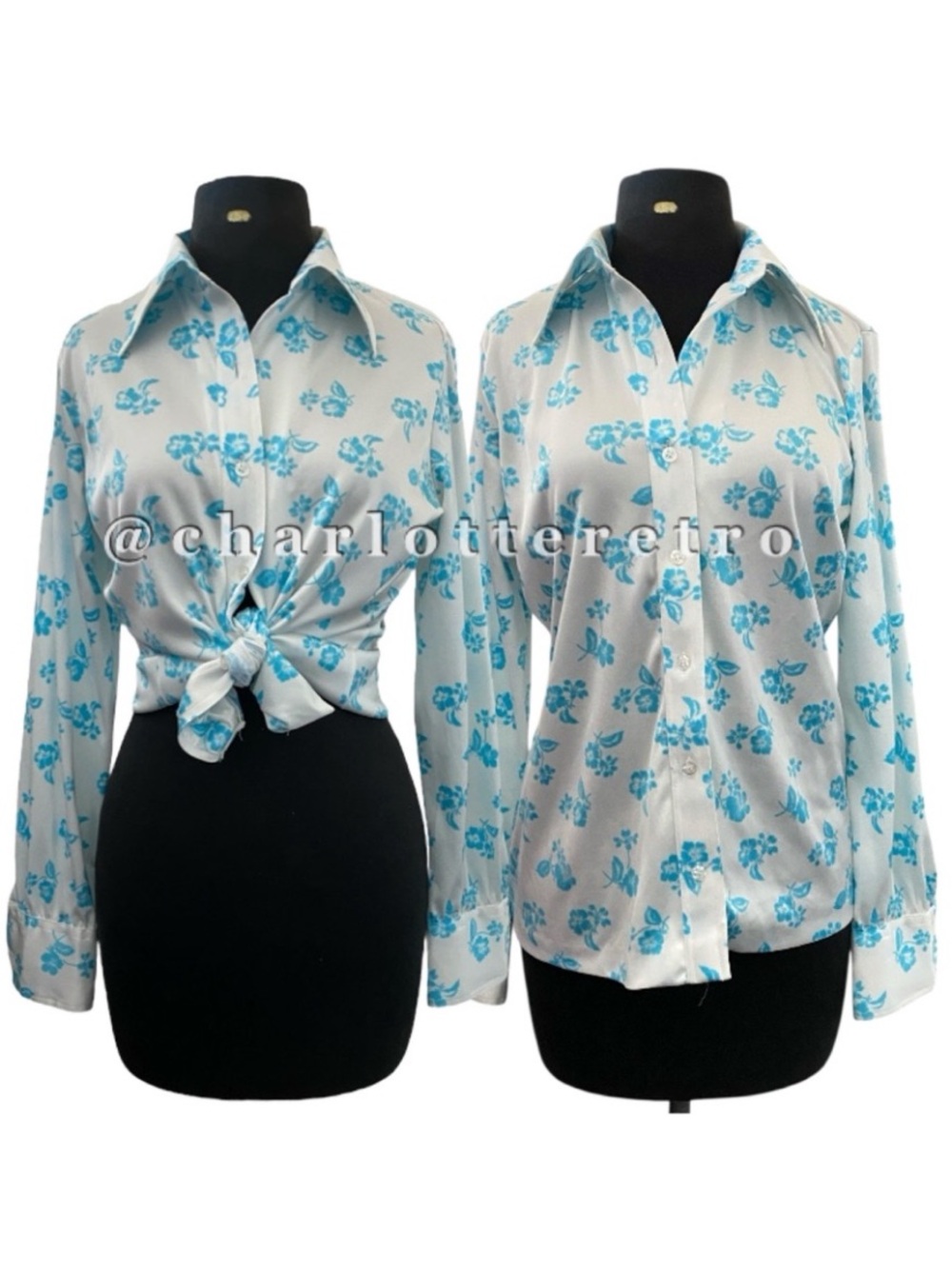 70s vtg Floral Polyester Shirt w Butterfly Collar